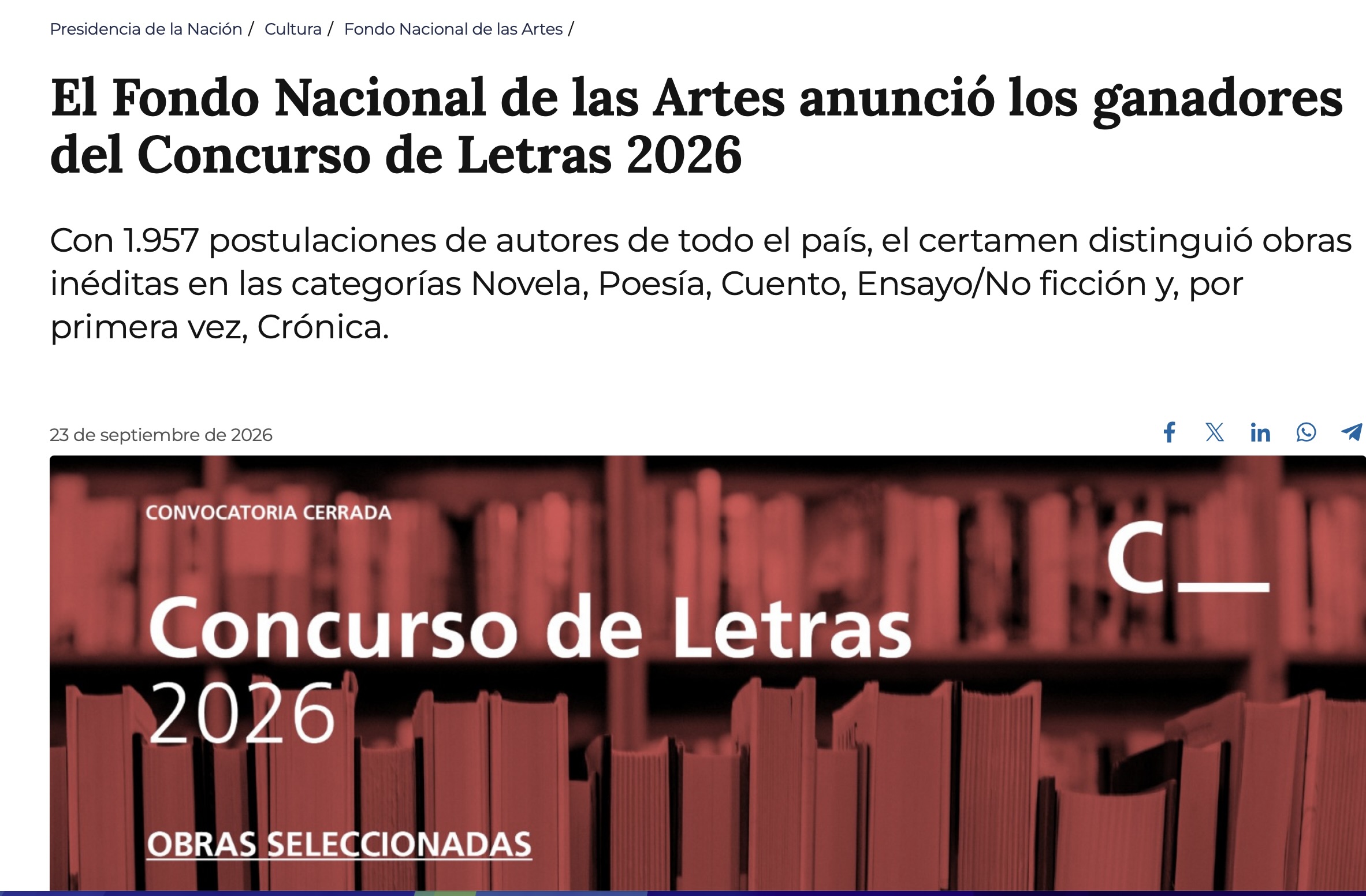 Nota de prensa: Nuestra editora, Graciela Scarlatto, gana el tercer premio en el Concurso de Letras 2026 del Fondo Nacional de las Artes